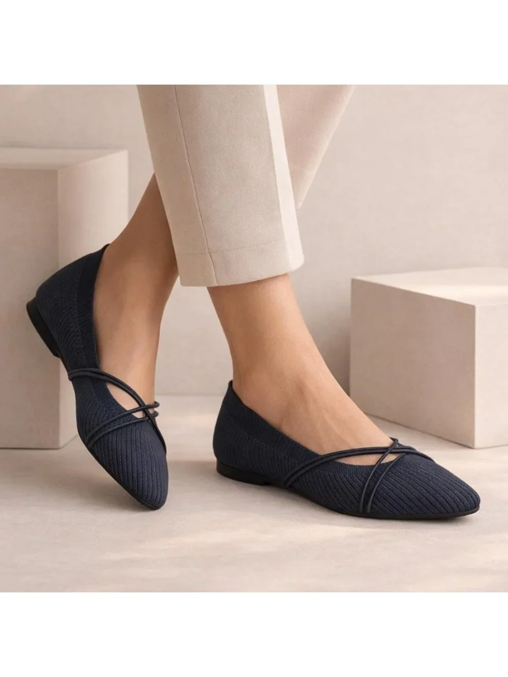 Women's Navy Square Toe Flats Comfortable Knit Ballet Flats with Cross Strap